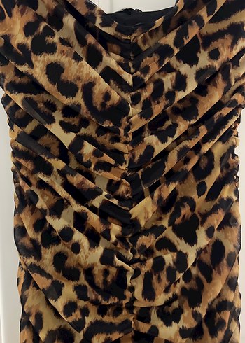34 Beden Leopar Desenli Uzun Drapeli Straplez Elbise