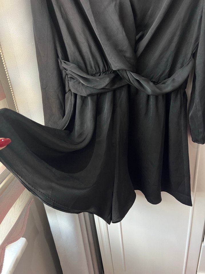 Siyah Midi Uzun Kollu şort tulum Elbise - Görsel 3