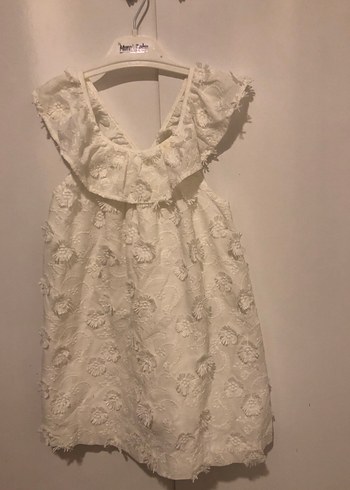 Beyaz Nakışlı Kız Çocuk Keten Elbise - Görsel 2