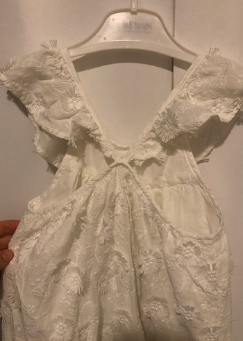 Beyaz Nakışlı Kız Çocuk Keten Elbise - Görsel 3