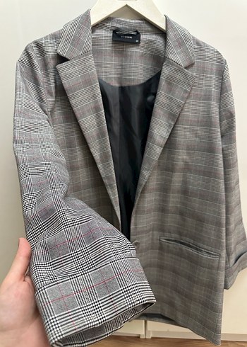 Gri Ekose Düğmeli Kadın Blazer Ceket - Görsel 2