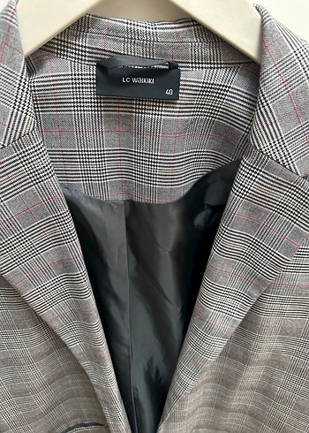 Gri Ekose Düğmeli Kadın Blazer Ceket - Görsel 3