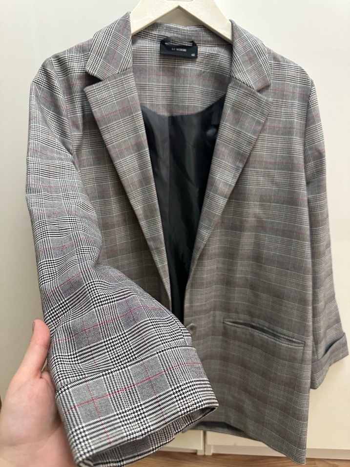 Gri Ekose Düğmeli Kadın Blazer Ceket - Görsel 2