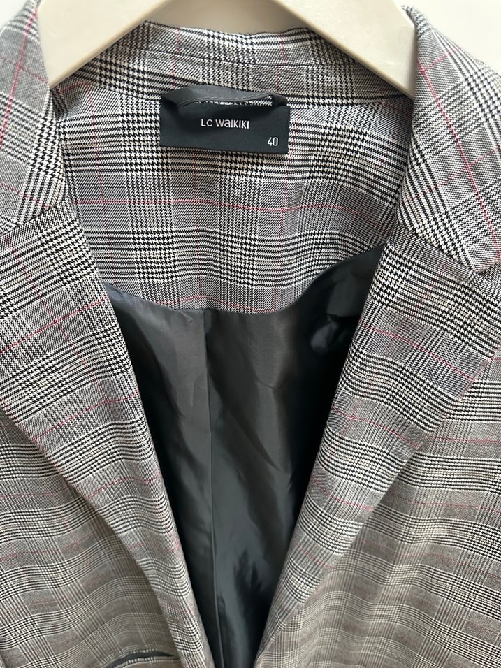 Gri Ekose Düğmeli Kadın Blazer Ceket - Görsel 3