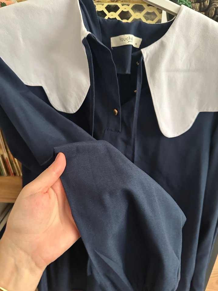 Touche Prive Düğmeli, Beyaz Yaka Detaylı Mavi Kadın Gömlek - Görsel 2