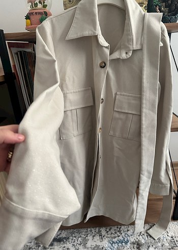 Kemerli Kalın Simli Krem Kadın Ceket - Görsel 2