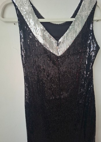 Siyah Gümüş Payetli Midi Abiye Elbise - Görsel 4