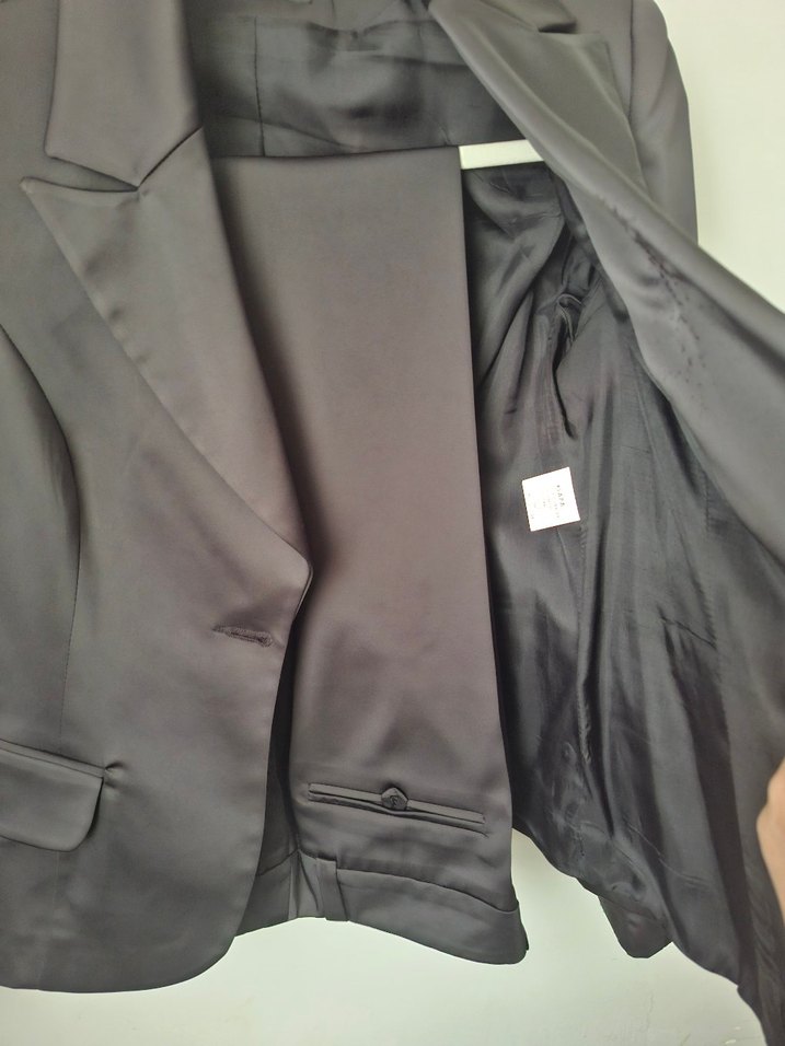 Siyah Uzun Kollu Kadın saten Blazer Ceket pantolon takım - Görsel 4