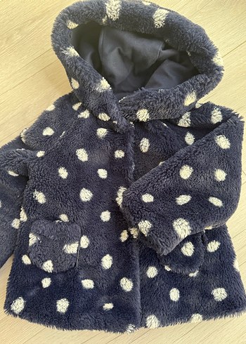 Puantiye Desenli Koyu Mavi Peluş Kız Mont - Görsel 4