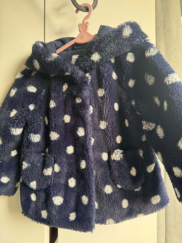 Puantiye Desenli Koyu Mavi Peluş Kız Mont - Görsel 5
