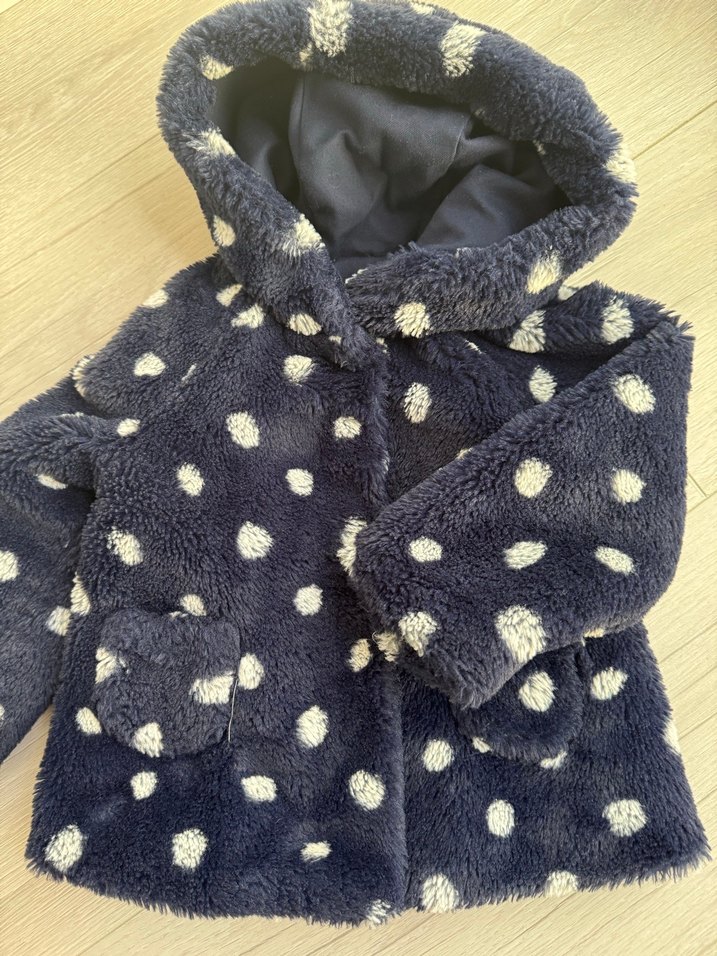 Puantiye Desenli Koyu Mavi Peluş Kız Mont - Görsel 4