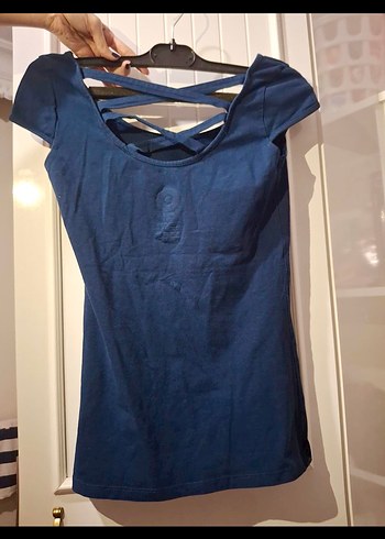 Lacivert Drapeli Yüksek Yakalı Kadın Tişört - Görsel 3