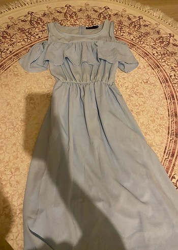 Bohem Tarzı Uzun Elbise, Fırfırlı, Pastel Mavi