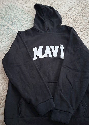 Siyah Kapüşonlu Mavi Baskılı Sweatshirt