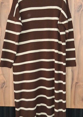 Kadın Kahverengi Çizgili Uzun Triko Elbise - Görsel 2