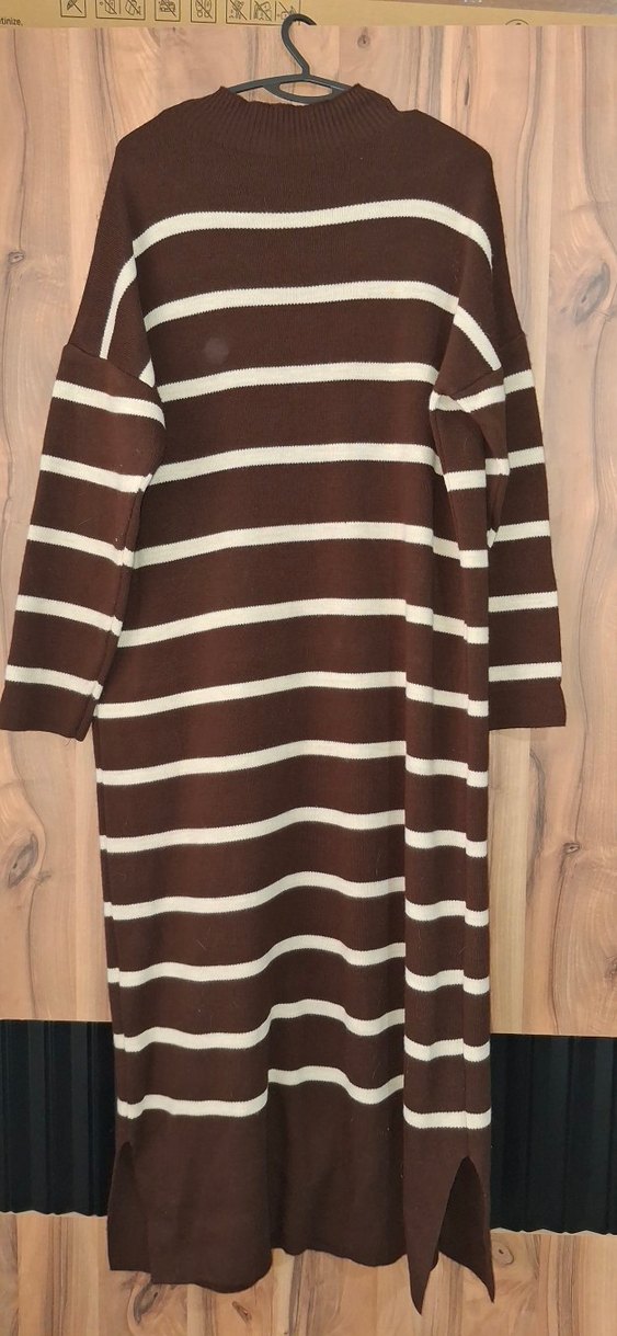 Kadın Kahverengi Çizgili Uzun Triko Elbise - Görsel 2