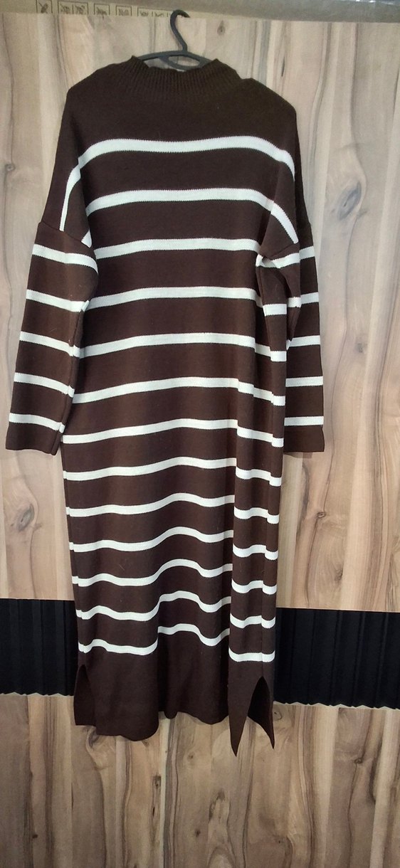 Kadın Kahverengi Çizgili Uzun Triko Elbise - Görsel 3