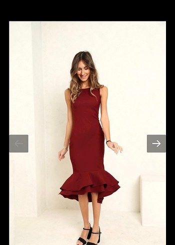 Bordo sıfır Kollu Fırfırlı Kadın Kokteyl Elbisesi - Görsel 2