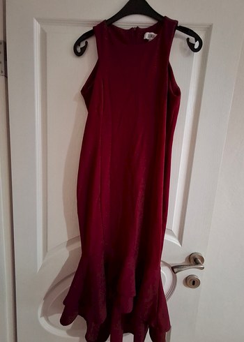 Bordo sıfır Kollu Fırfırlı Kadın Kokteyl Elbisesi - Görsel 6