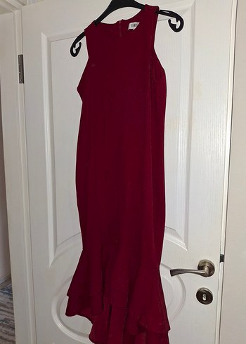 Bordo sıfır Kollu Fırfırlı Kadın Kokteyl Elbisesi - Görsel 4