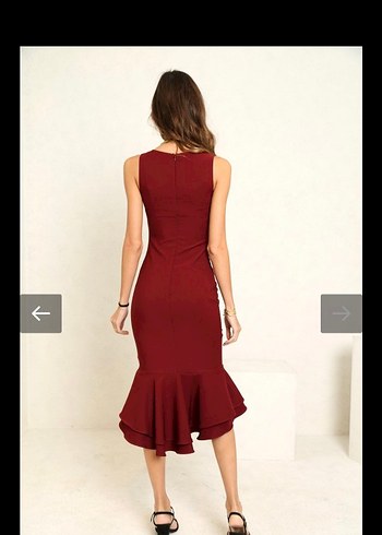 Bordo sıfır Kollu Fırfırlı Kadın Kokteyl Elbisesi - Görsel 7