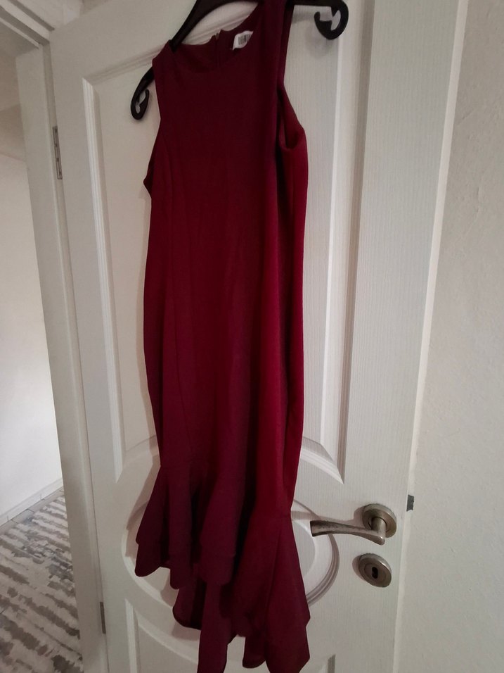 Bordo sıfır Kollu Fırfırlı Kadın Kokteyl Elbisesi - Görsel 5