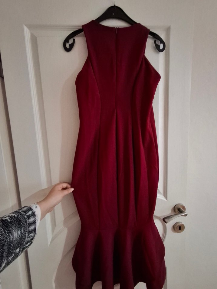 Bordo sıfır Kollu Fırfırlı Kadın Kokteyl Elbisesi - Görsel 3