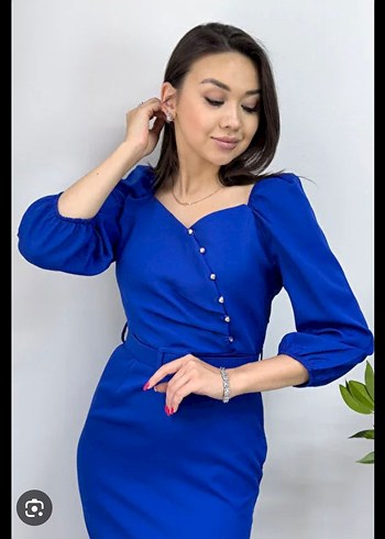 Mavi V Yaka Düğmeli Kalem Elbise - Görsel 10