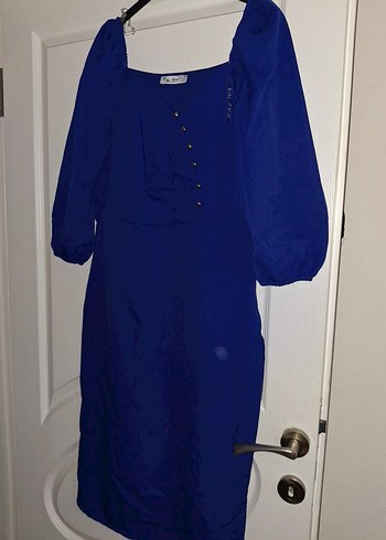 Mavi V Yaka Düğmeli Kalem Elbise - Görsel 8