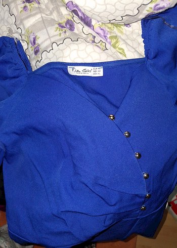 Mavi V Yaka Düğmeli Kalem Elbise - Görsel 2