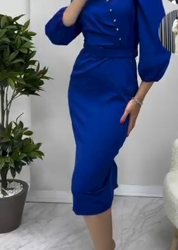 Mavi V Yaka Düğmeli Kalem Elbise - Görsel 9