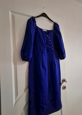 Mavi V Yaka Düğmeli Kalem Elbise - Görsel 6