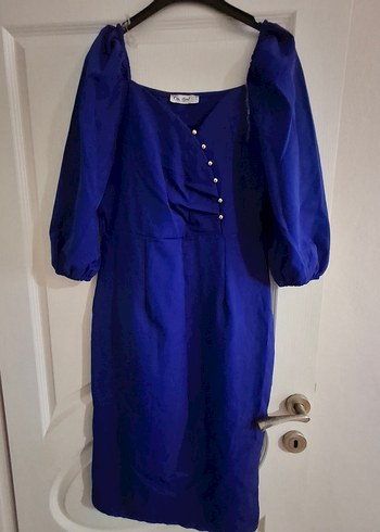 Mavi V Yaka Düğmeli Kalem Elbise - Görsel 7