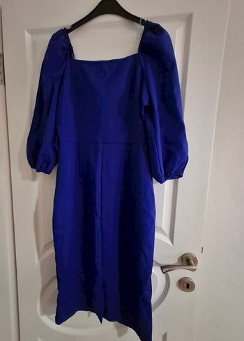 Mavi V Yaka Düğmeli Kalem Elbise - Görsel 4