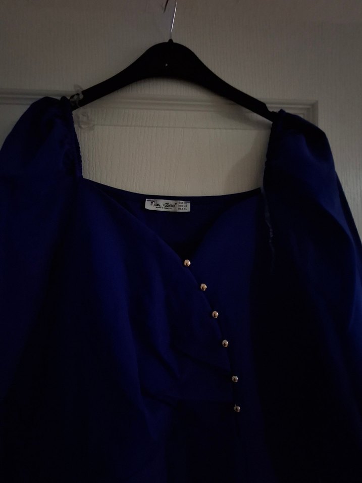 Mavi V Yaka Düğmeli Kalem Elbise - Görsel 5