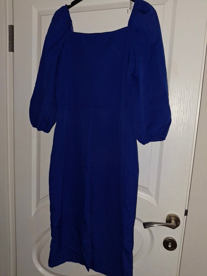 Mavi V Yaka Düğmeli Kalem Elbise - Görsel 3