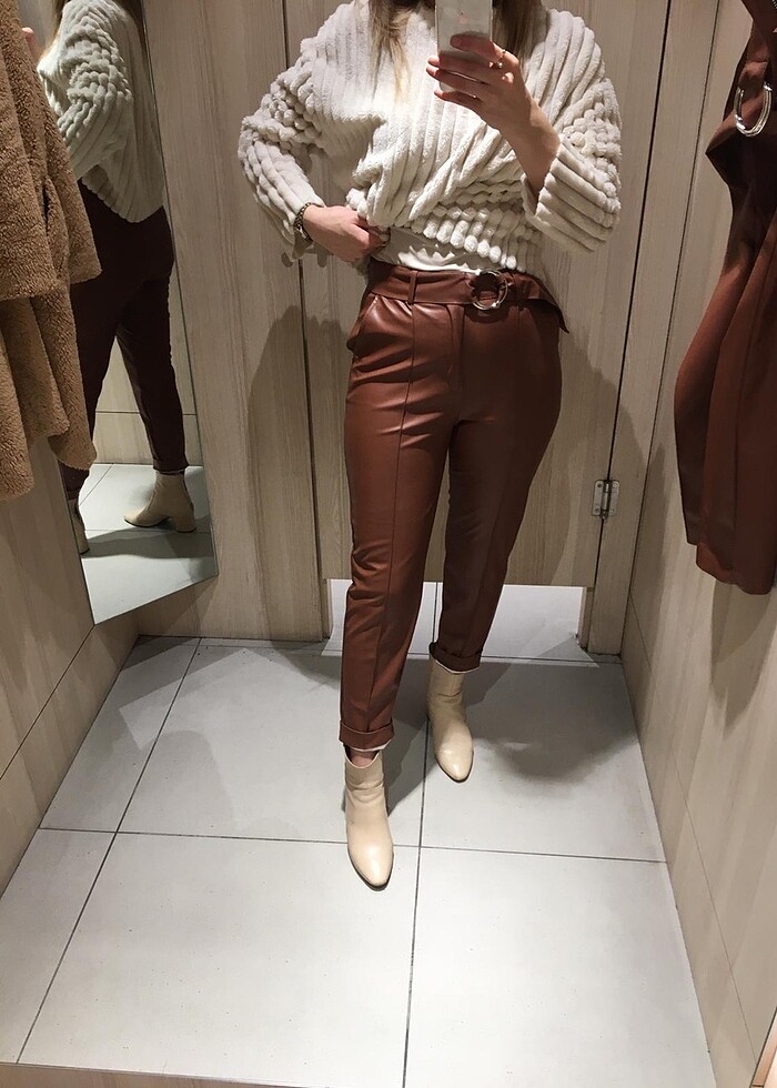 Taba deri kemerli pantolon - Görsel 2