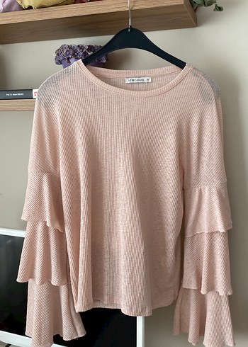 Pembe Renkli Uzun Kollu Fırfırlı Triko Bluz