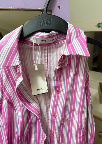 Pembe Çizgili mango elbise - Görsel 2