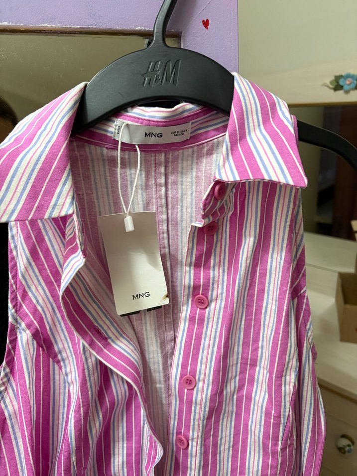 Pembe Çizgili mango elbise - Görsel 2