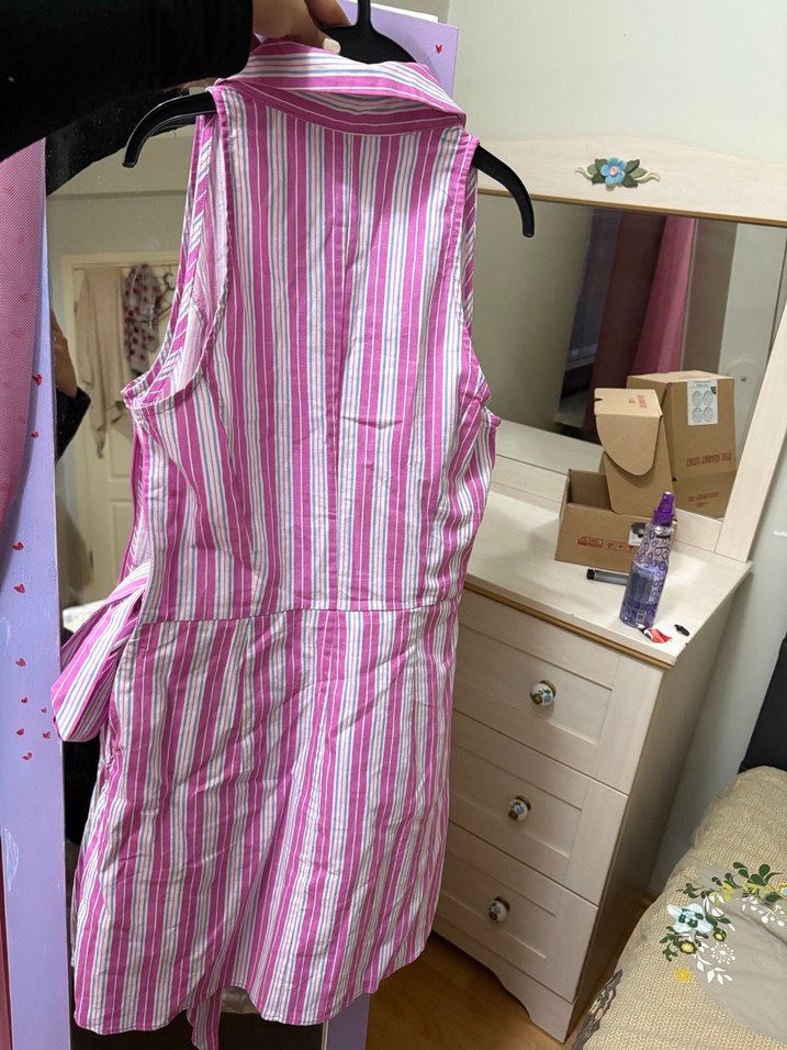 Pembe Çizgili mango elbise - Görsel 3