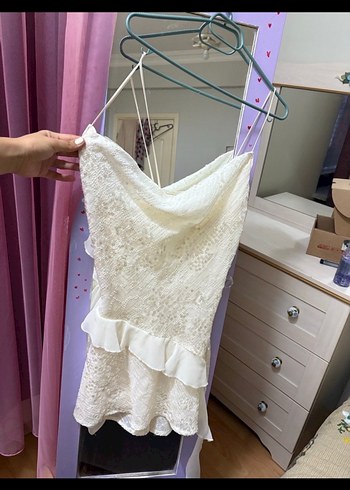 Askılı Bağlamalı Beyaz Midi Bohem Elbise - Görsel 5