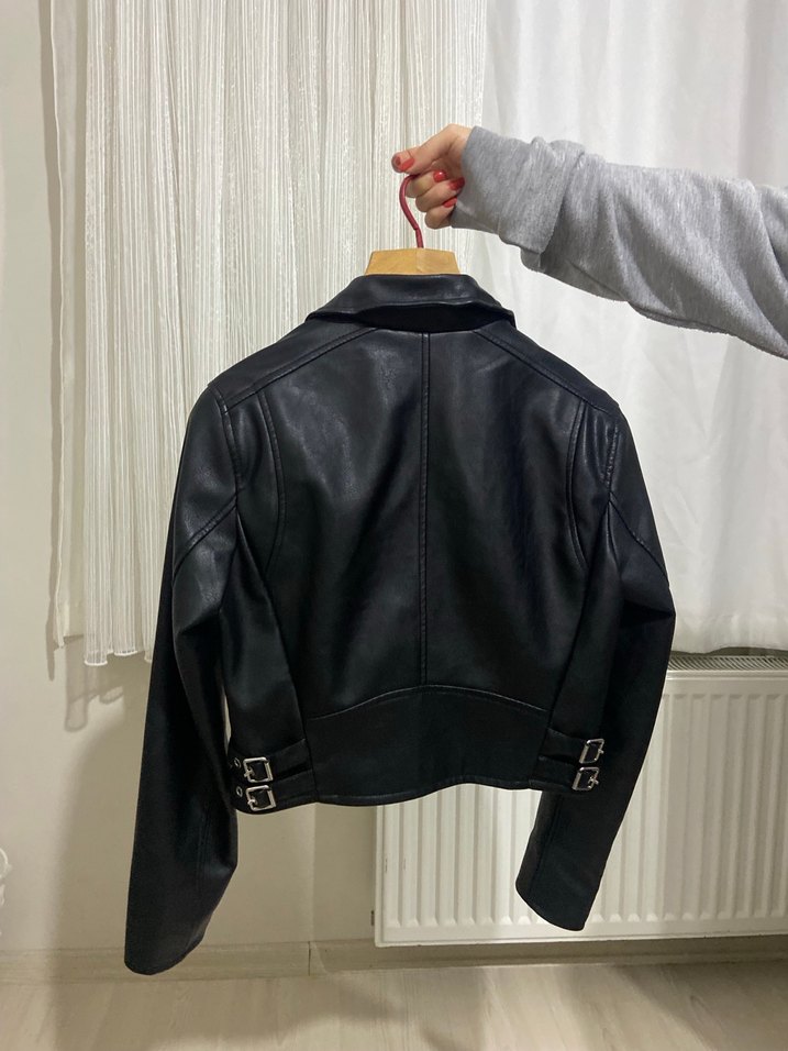 Siyah Kadın Deri Biker Ceket - Görsel 2