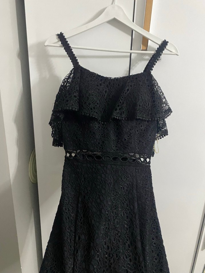 Dantel Detaylı Siyah Uzun Abiye Elbise - Görsel 2