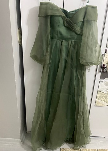 Yeşil Maxi Yırtmaçlı Drapeli Straplez Elbise - Görsel 2