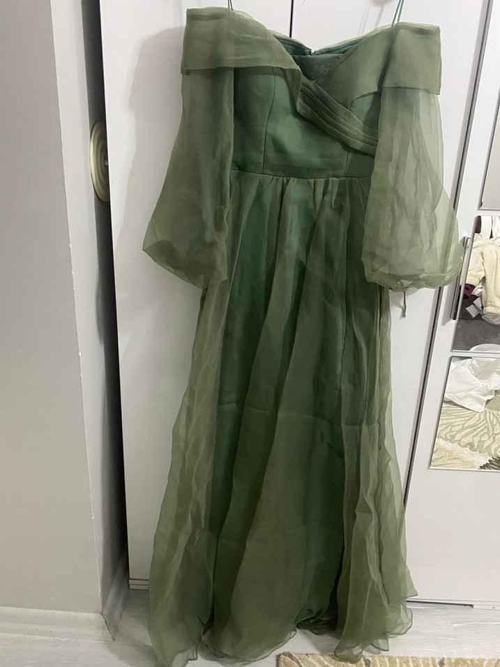 Yeşil Maxi Yırtmaçlı Drapeli Straplez Elbise - Görsel 2