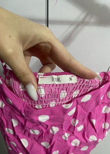 Puantiyeli Pembe İp Askılı Mini Elbise - Görsel 2