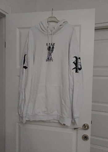 Beyaz Kapüşonlu Baskılı Kadın Sweatshirt - Görsel 7