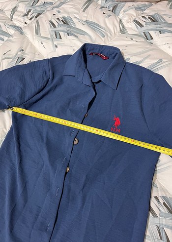 32 Beden Düğmeli Uzun Kollu Mavi Keten Gömlek