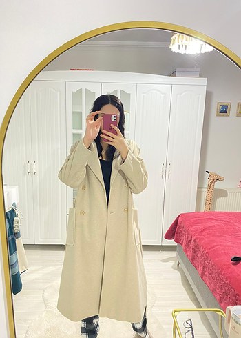 Bej Kadın Midi Kaban Notched Yaka
